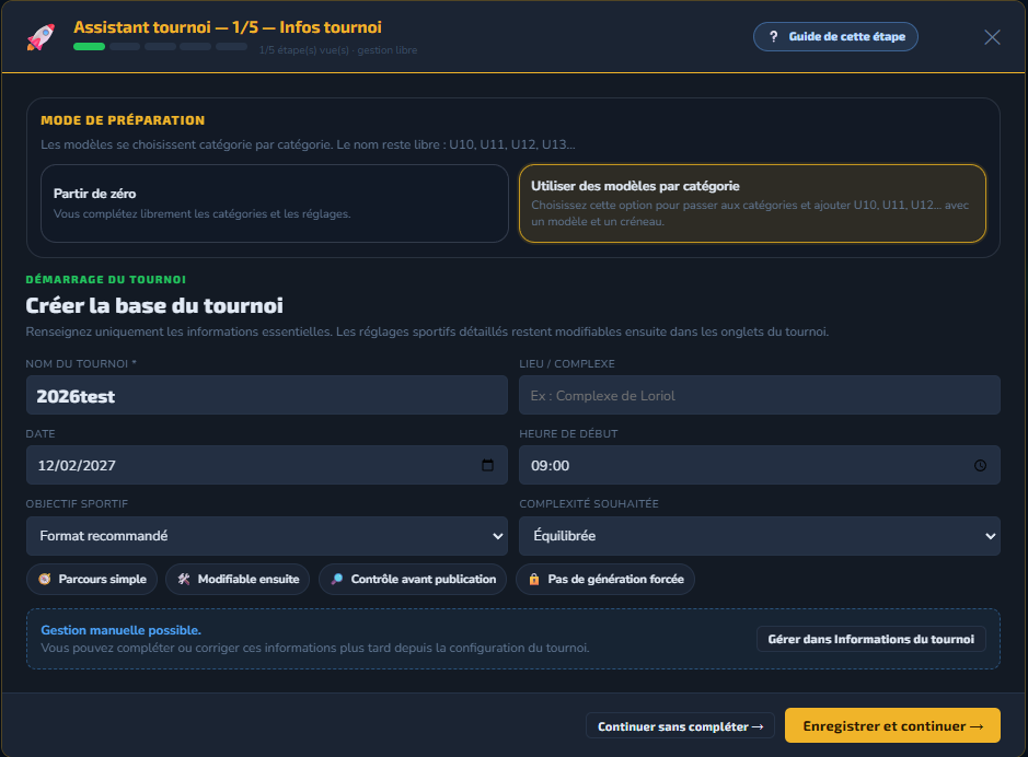 Étape 1 assistant ActiveFoot — informations du tournoi