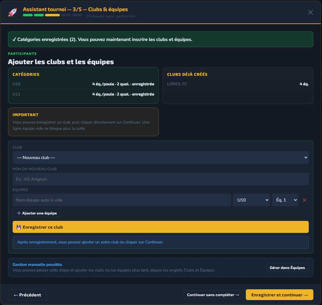 Étape 3 assistant ActiveFoot — clubs et équipes
